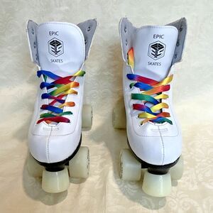 Epic Allure Quad Roller Skates - White w/ Rainbow Laces - Size 8 Light Up Wheels